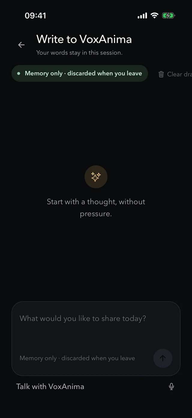 VoxAnima writing screen with an empty conversation, a memory-only notice and the message field