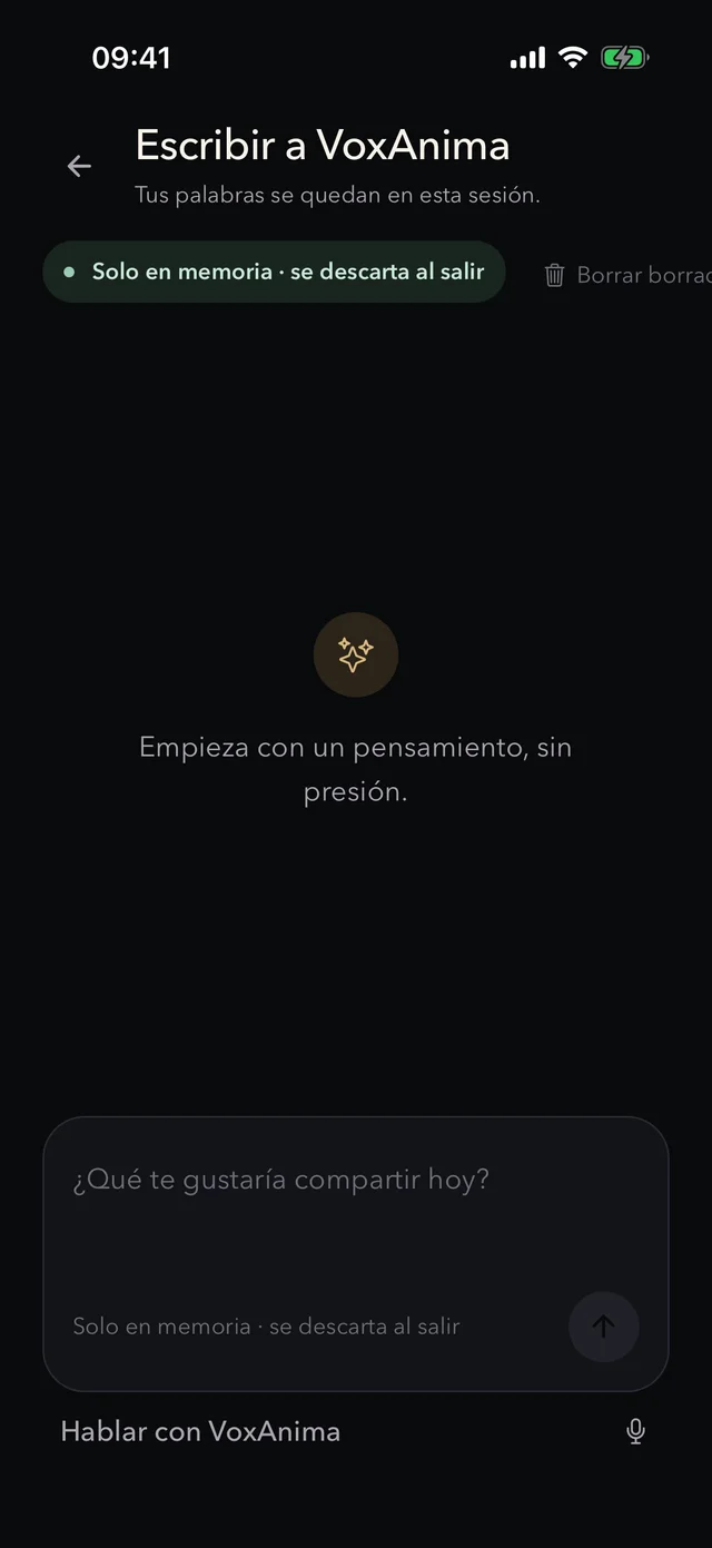 Pantalla de escritura de VoxAnima con una conversación vacía, un aviso de que todo queda solo en memoria y el campo de mensaje
