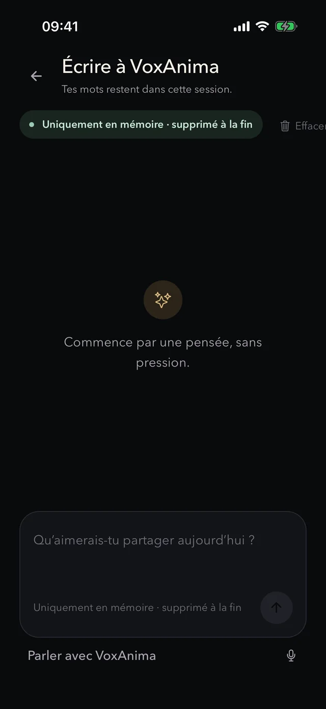 Écran d’écriture de VoxAnima avec une conversation vide, une mention de mémoire vive uniquement et le champ de message