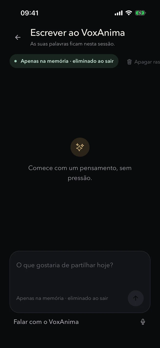 Ecrã de escrita do VoxAnima com uma conversa vazia, um aviso de que tudo fica apenas na memória e o campo de mensagem